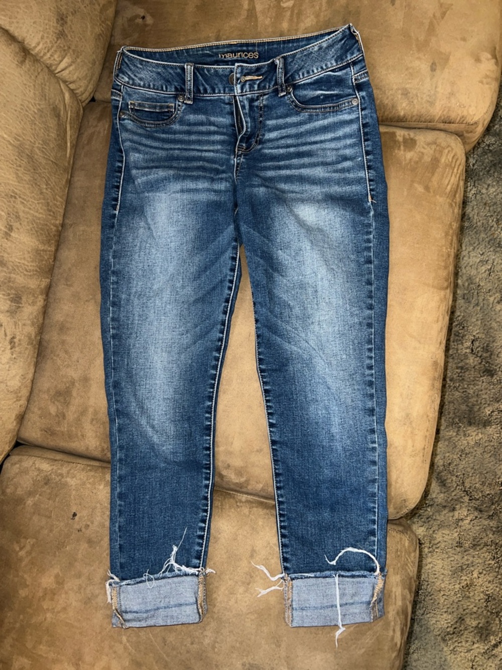 Maurices Medium Blue Slim Ankle Jeans with Frayed Rolled Hems